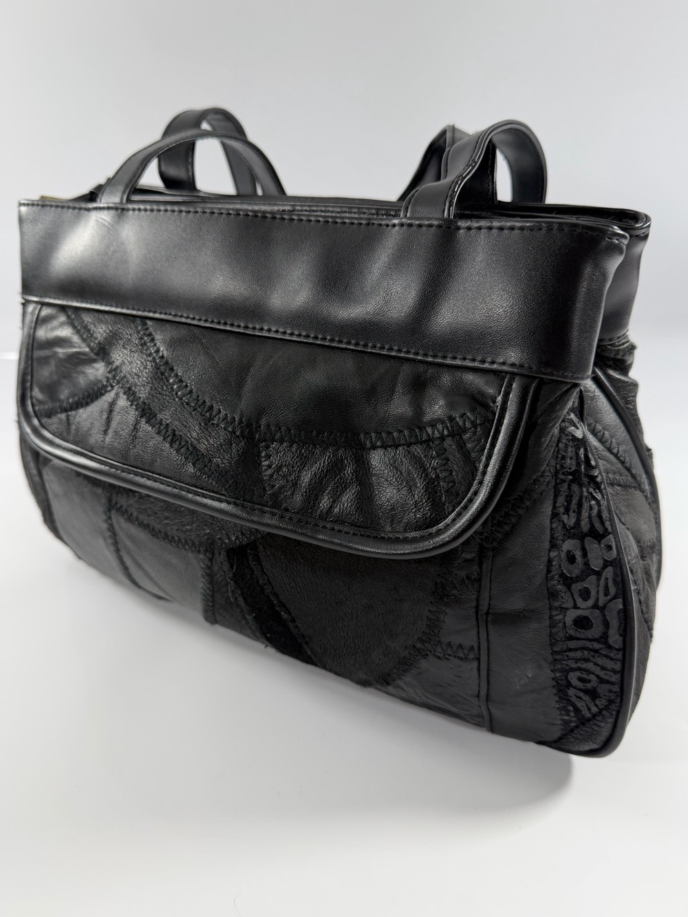 Black Genuine Leather Patchwork Y2K Shoulder Bag Multi Compartment Purse